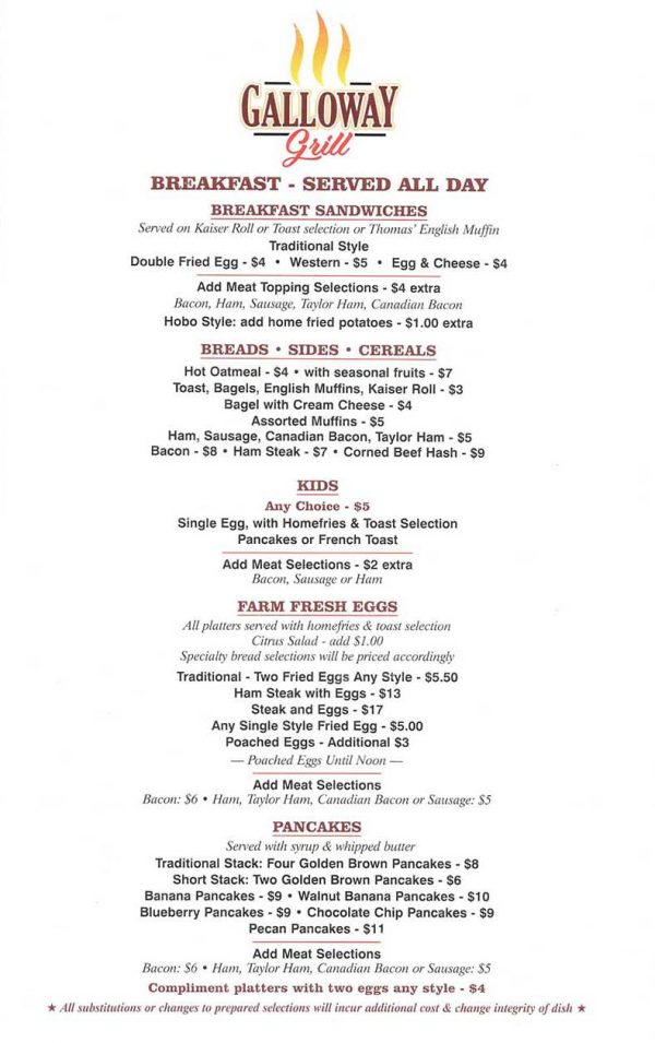 Our Menus Galloway Grill