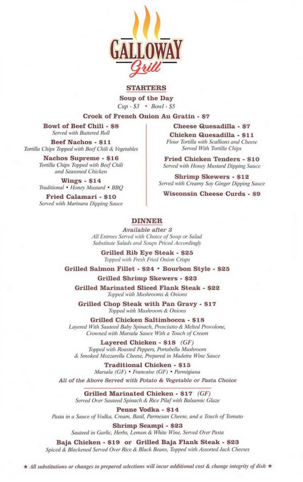 Our Menus Galloway Grill